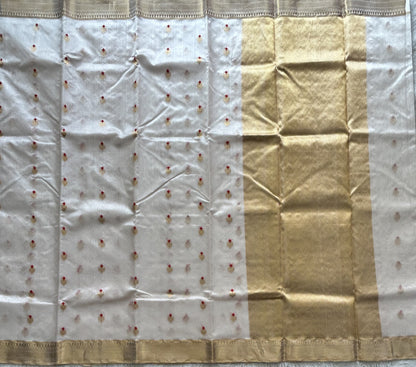 White Chanderi Silk Saree With Gold Zari Border — Pure Handloom | Silk Mark Certified - Sampradaya Designer Studio