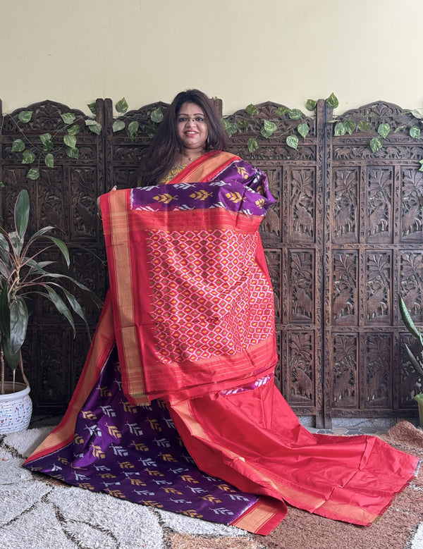 Ikkat Pattu Saree Dark Purple colored complemented with a Zari border. - Sampradaya Designer Studio