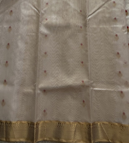 White Chanderi Silk Saree With Gold Zari Border — Pure Handloom | Silk Mark Certified - Sampradaya Designer Studio