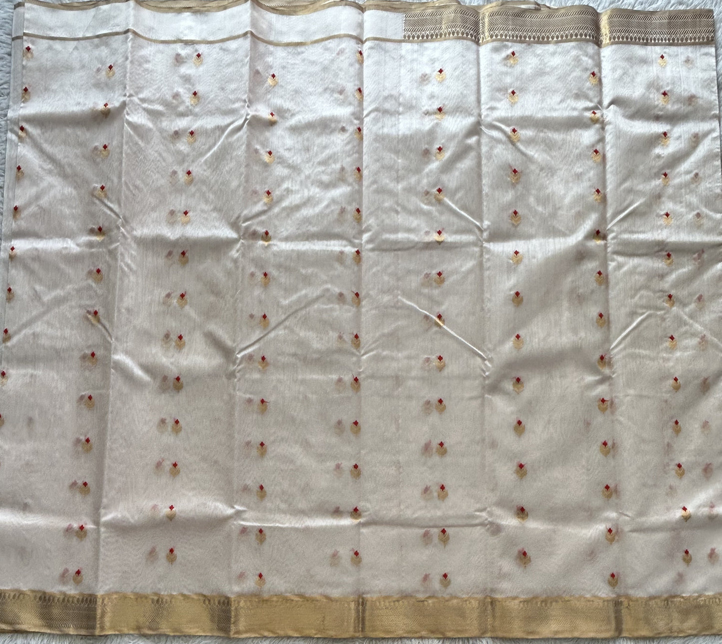 White Chanderi Silk Saree With Gold Zari Border — Pure Handloom | Silk Mark Certified - Sampradaya Designer Studio
