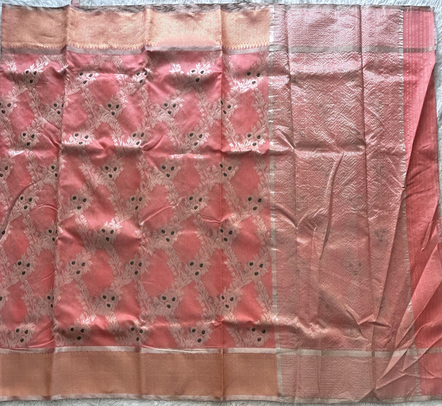 Peach Chanderi Silk Saree With Gold Zari Border — Pure Handloom | Silk Mark Certified