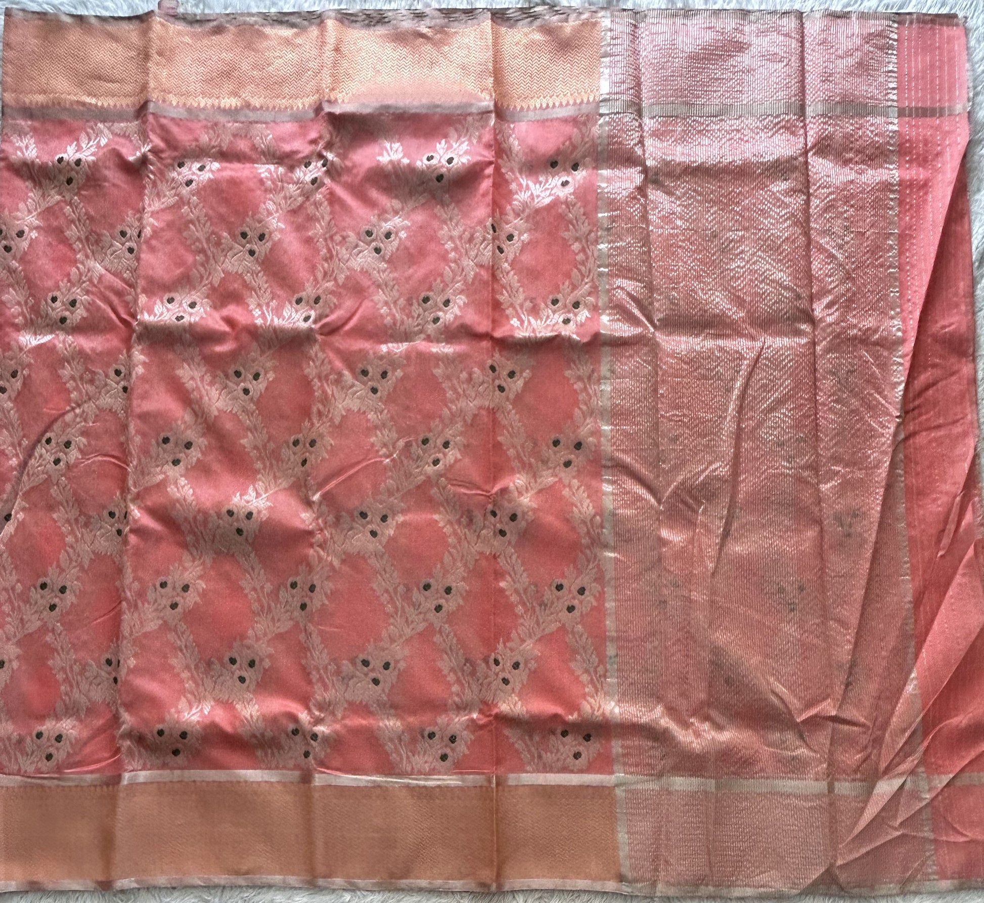 Peach Chanderi Silk Saree With Gold Zari Border — Pure Handloom | Silk Mark Certified - Sampradaya Designer Studio