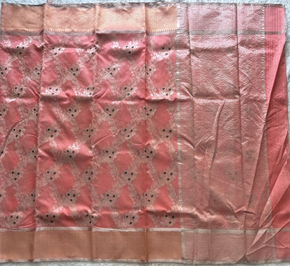 Peach Chanderi Silk Saree With Gold Zari Border — Pure Handloom | Silk Mark Certified