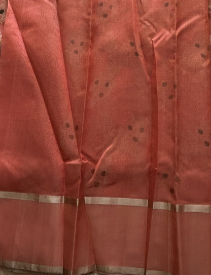 Peach Chanderi Silk Saree With Gold Zari Border — Pure Handloom | Silk Mark Certified