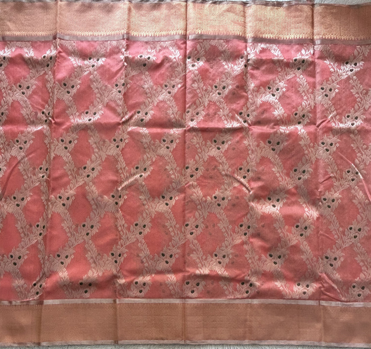 Peach Chanderi Silk Saree With Gold Zari Border — Pure Handloom | Silk Mark Certified