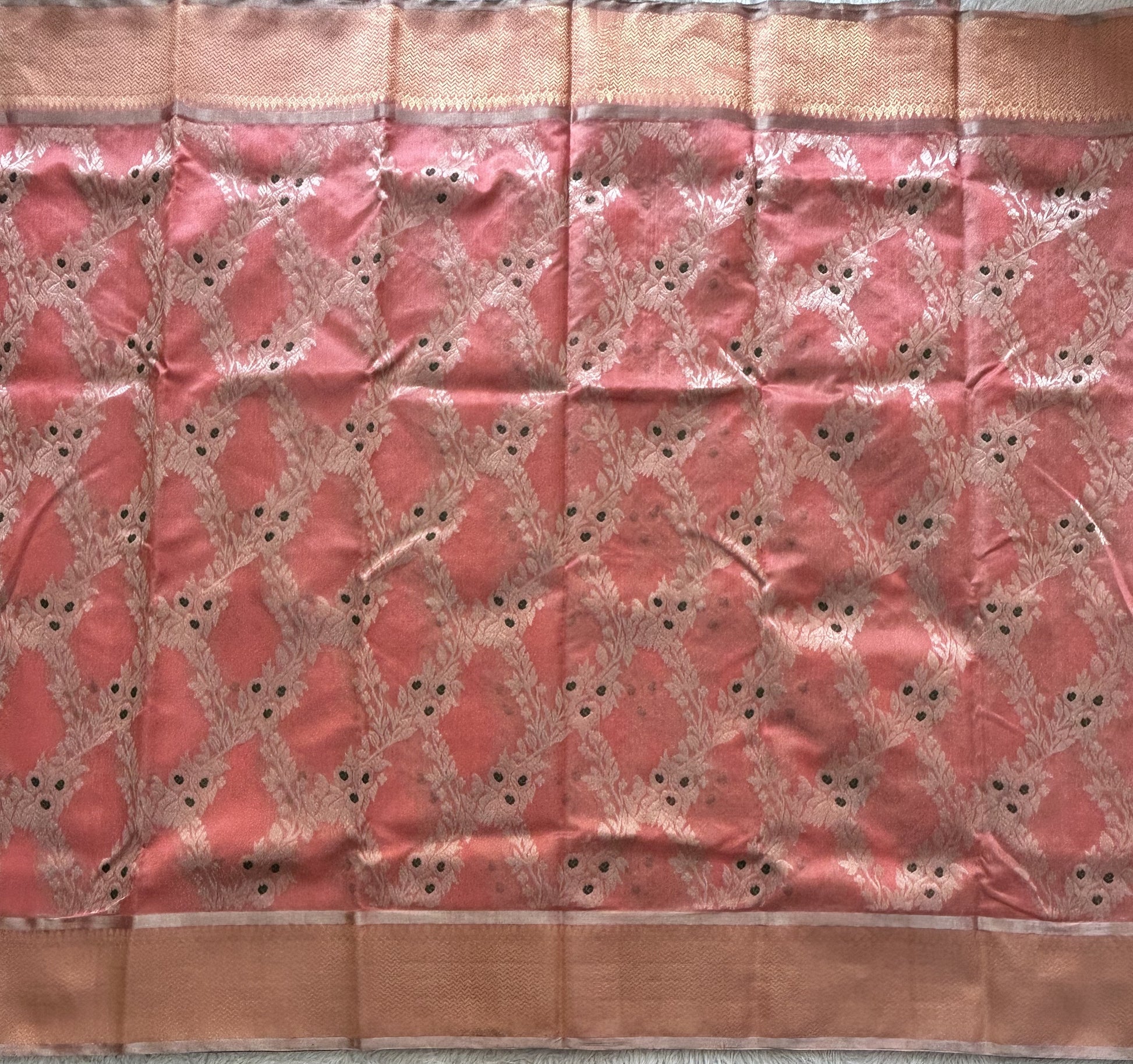 Peach Chanderi Silk Saree With Gold Zari Border — Pure Handloom | Silk Mark Certified - Sampradaya Designer Studio