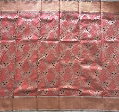 Peach Chanderi Silk Saree With Gold Zari Border — Pure Handloom | Silk Mark Certified