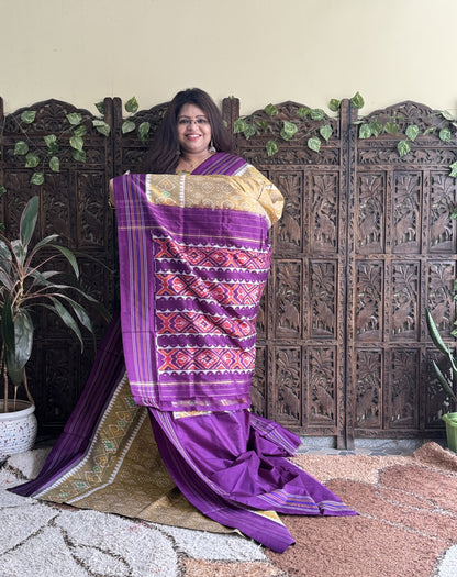 Ikkat Pattu Saree Beige colored complemented with a Patola border. - Sampradaya Designer Studio