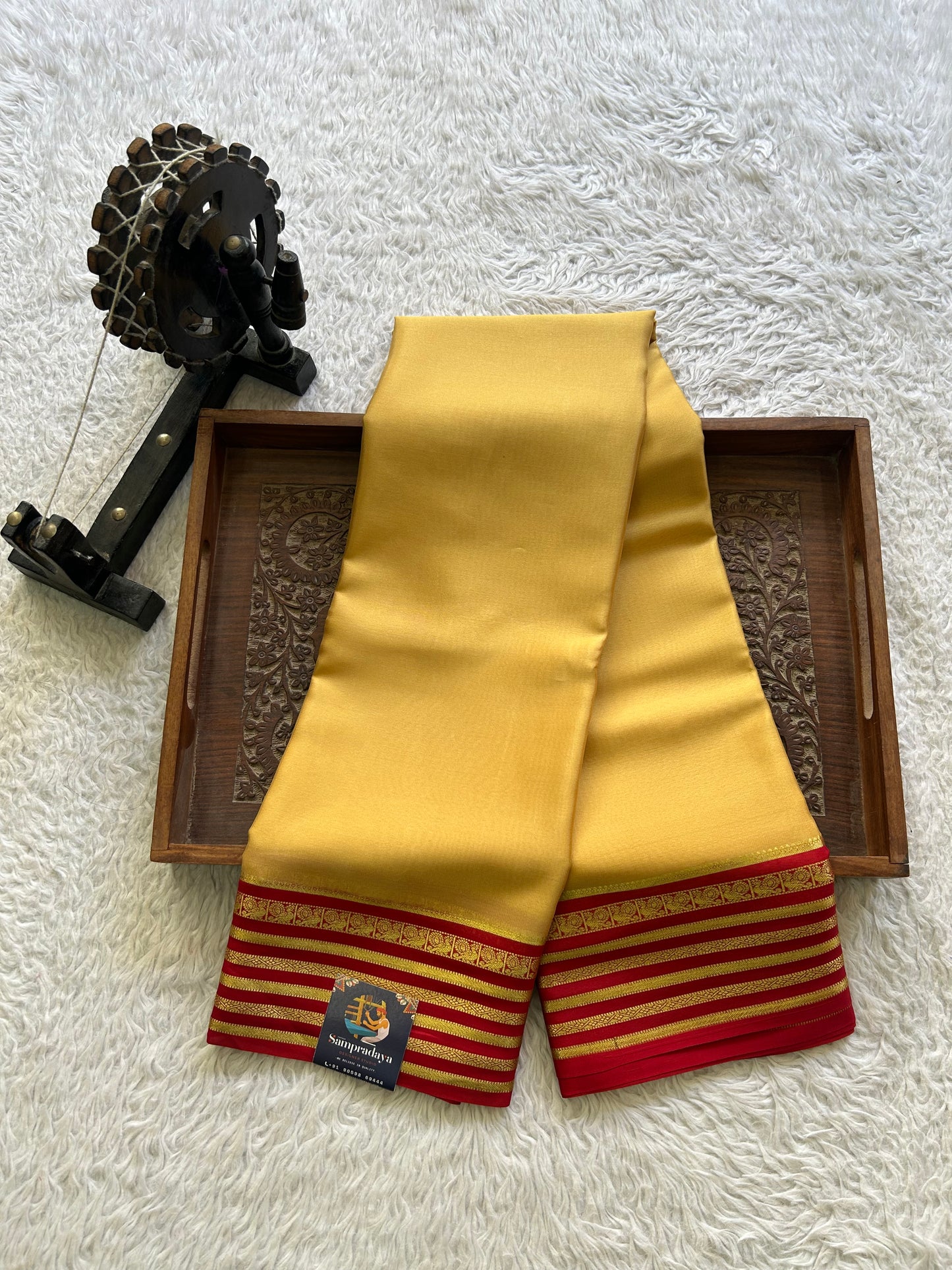 Mustard Yellow Mysore Crepe Silk Saree with Silver Zari Border | Pure Handloom | Silk Mark Certified