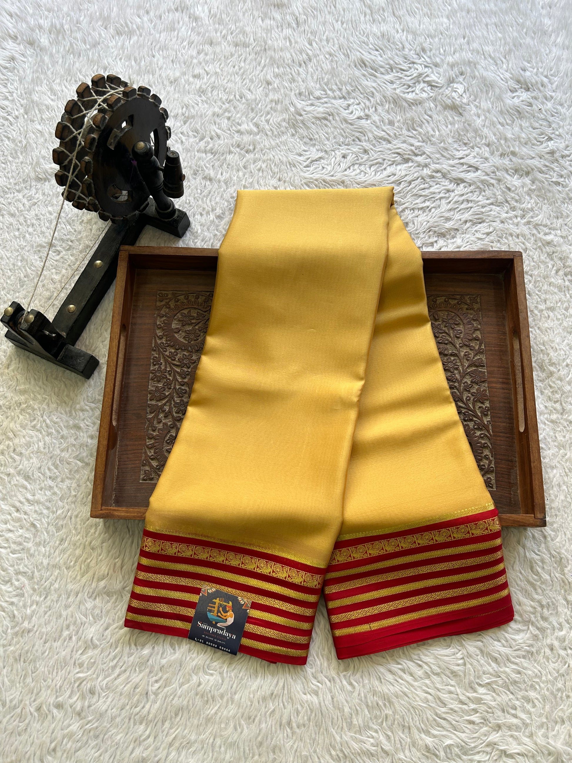 Mustard Yellow Mysore Crepe Silk Saree with Silver Zari Border | Pure Handloom | Silk Mark Certified - Sampradaya Designer Studio
