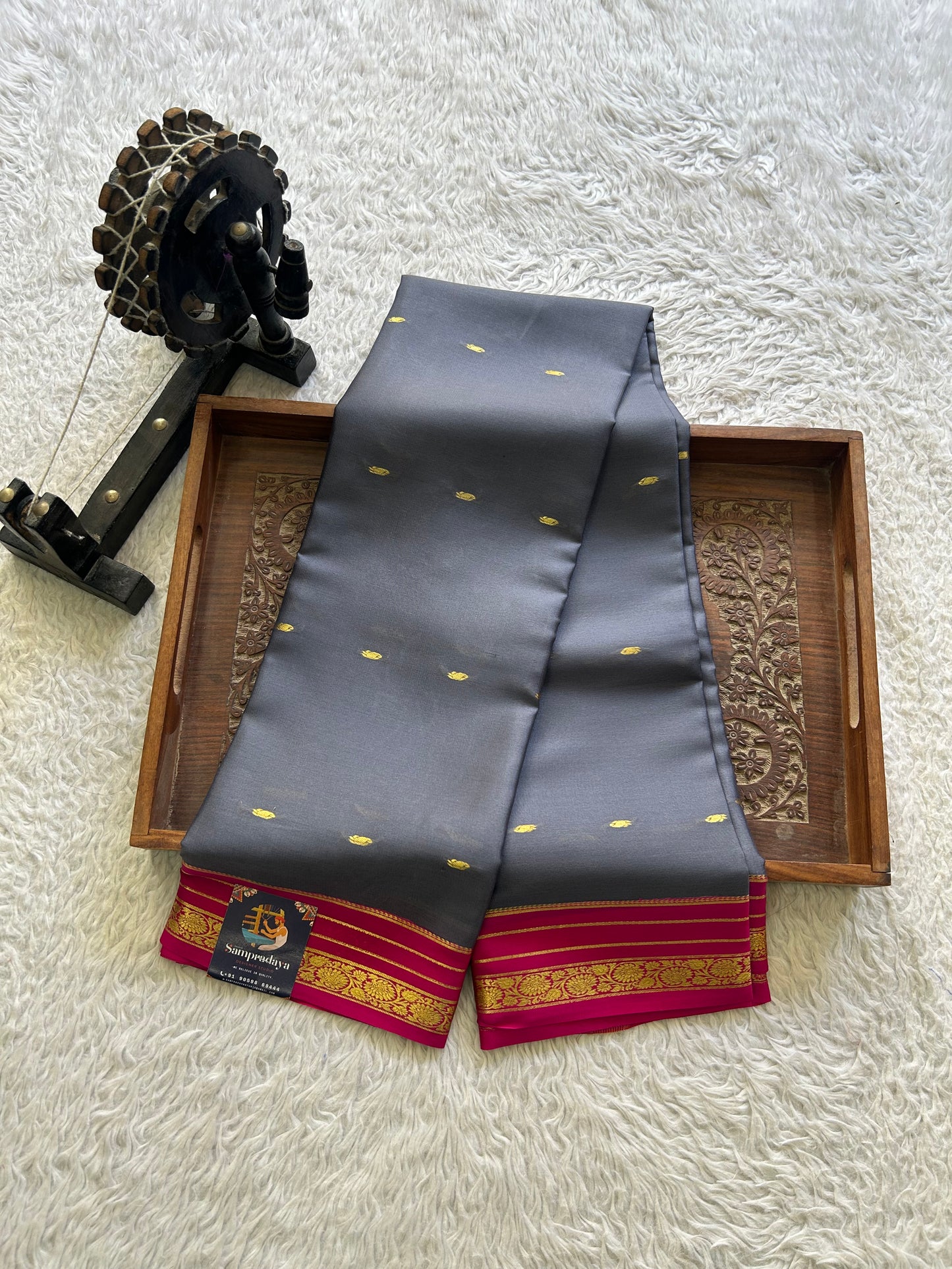 Elephant Gray Mysore Crepe Silk Saree with Silver Zari Border | Pure Handloom | Silk Mark Certified