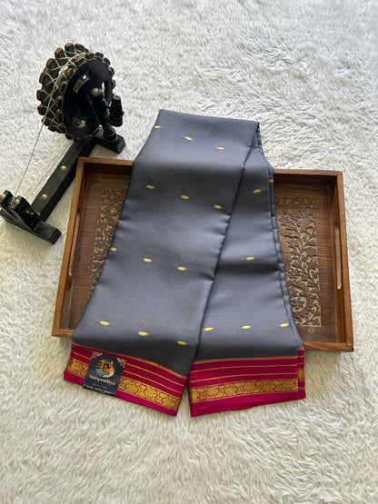 Elephant Gray Mysore Crepe Silk Saree with Silver Zari Border | Pure Handloom | Silk Mark Certified