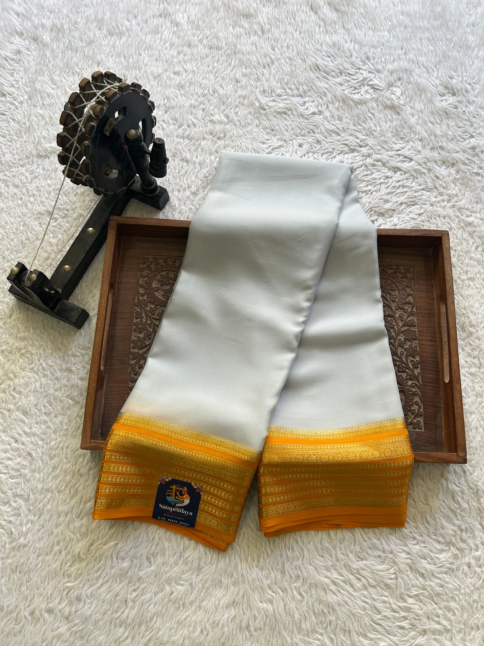 Gray Mysore Crepe Silk Saree with Silver Zari Border | Pure Handloom | Silk Mark Certified - Sampradaya Designer Studio