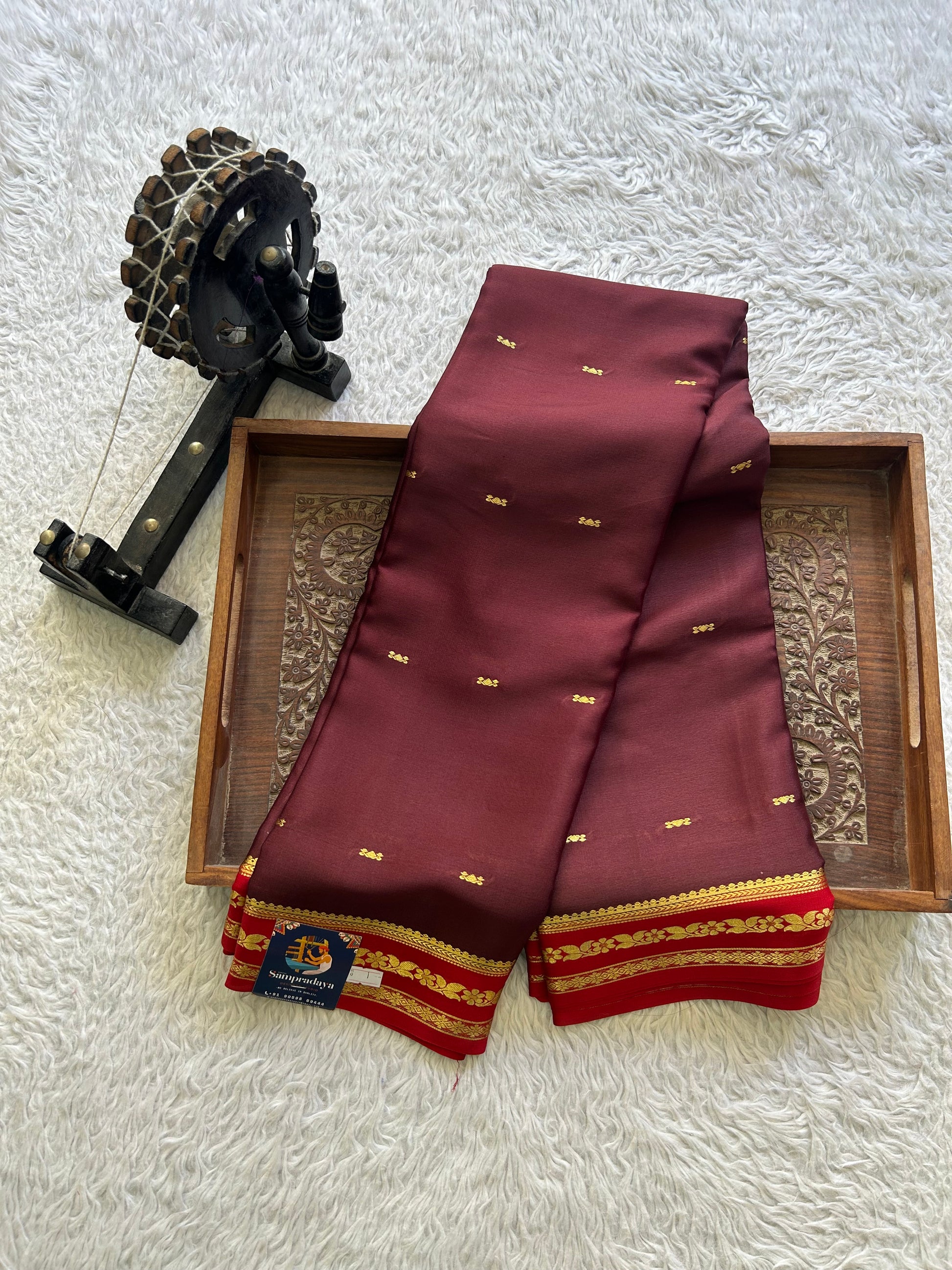 Brown Mysore Crepe Silk Saree with Silver Zari Border | Pure Handloom | Silk Mark Certified - Sampradaya Designer Studio
