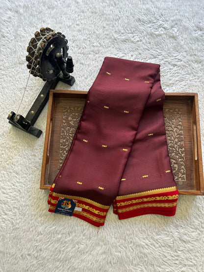 Brown Mysore Crepe Silk Saree with Silver Zari Border | Pure Handloom | Silk Mark Certified