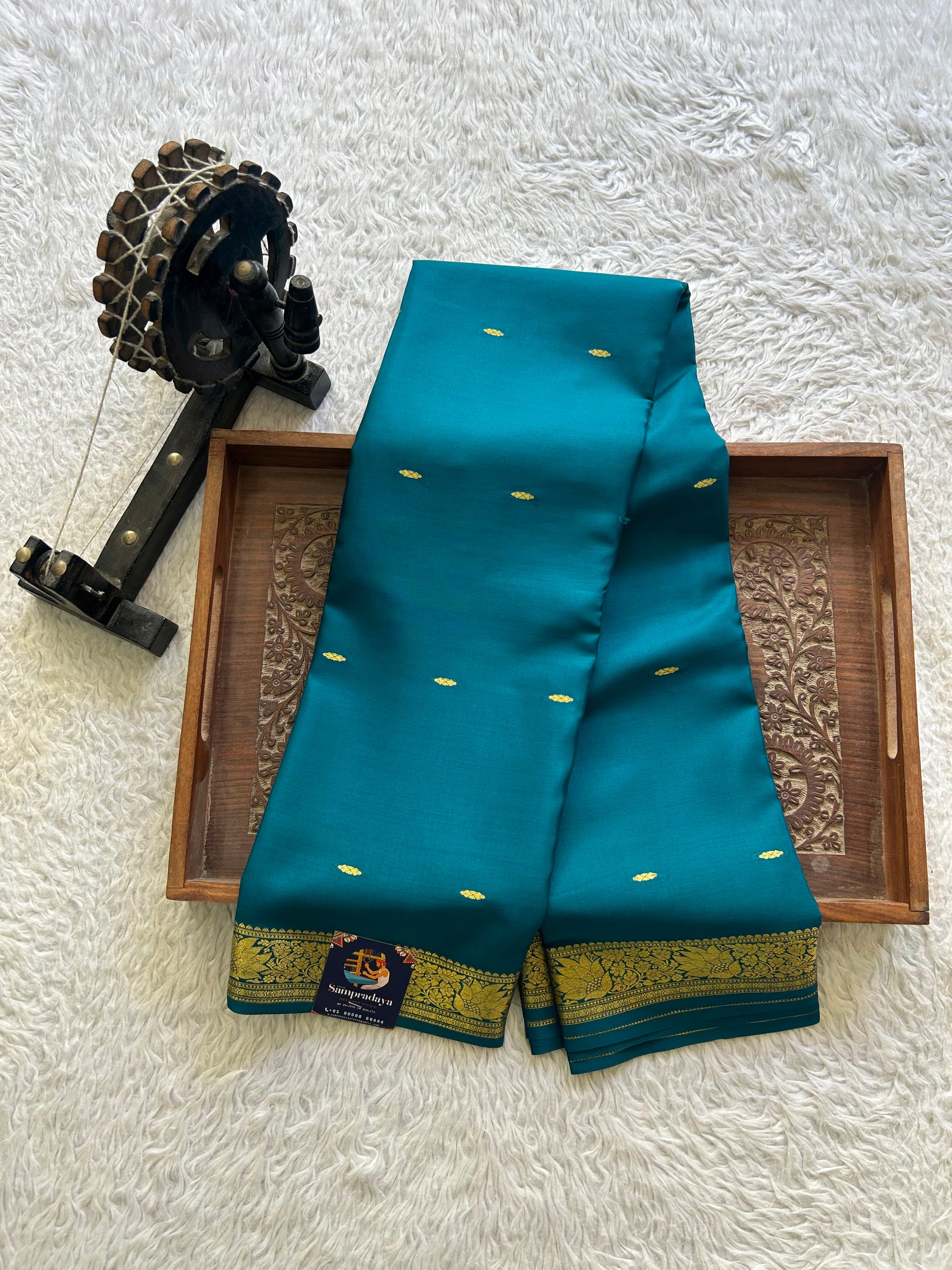 Peacock Blue Mysore Crepe Silk Saree with Silver Zari Border | Pure Handloom | Silk Mark Certified - Sampradaya Designer Studio