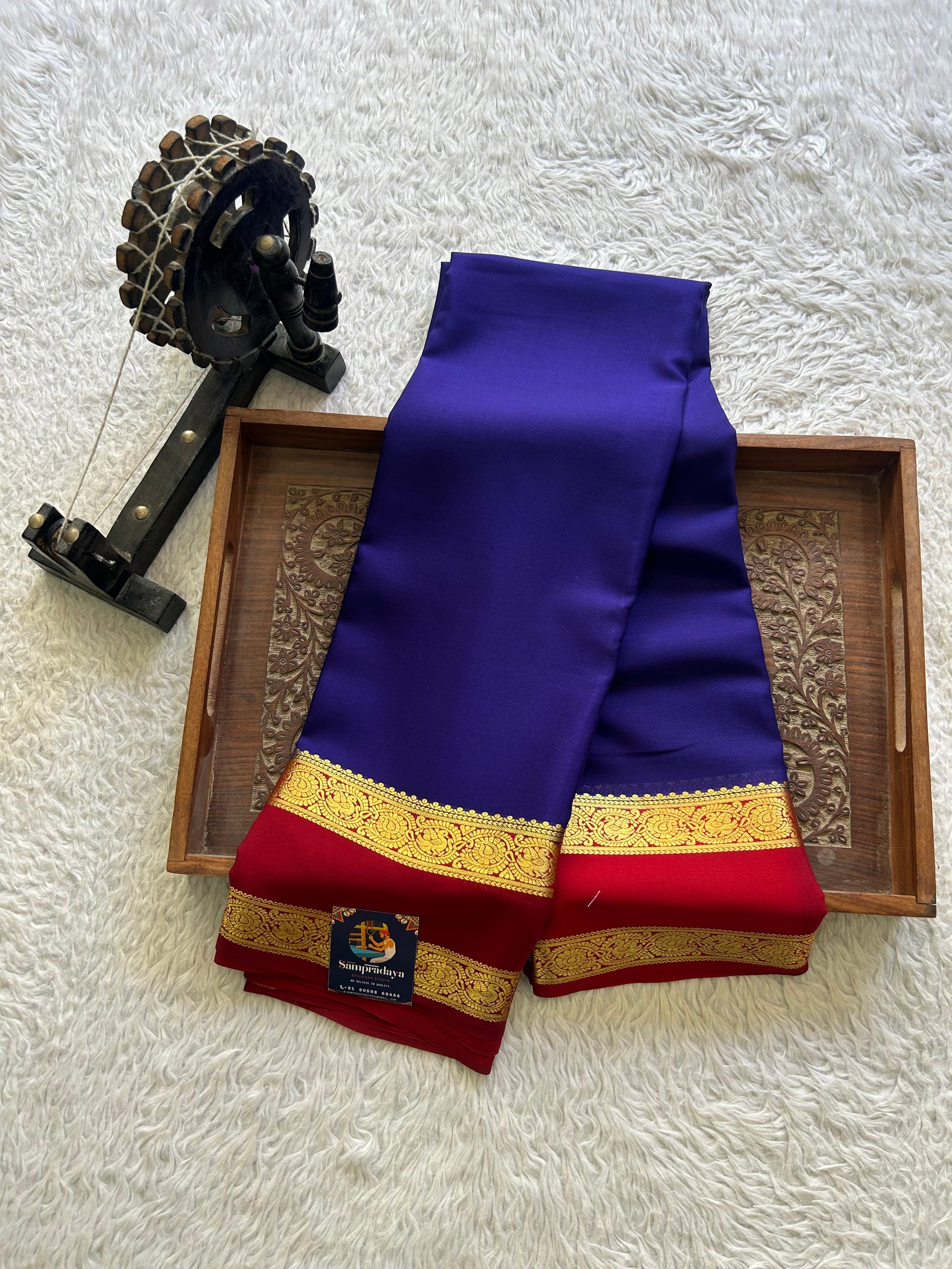 Navy Blue Mysore Crepe Silk Saree with Silver Zari Border | Pure Handloom | Silk Mark Certified - Sampradaya Designer Studio