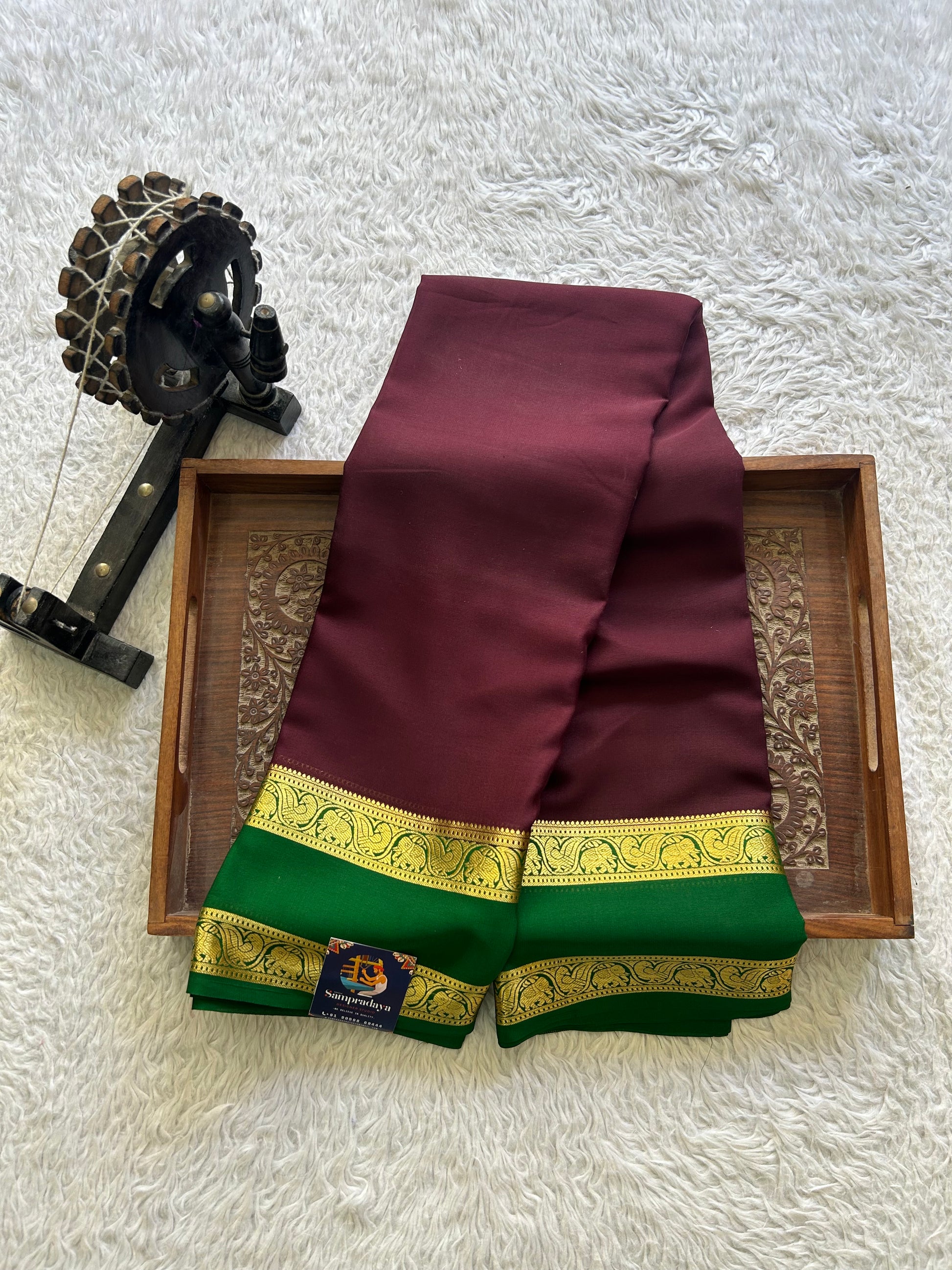 Brown Mysore Crepe Silk Saree with Silver Zari Border | Pure Handloom | Silk Mark Certified - Sampradaya Designer Studio