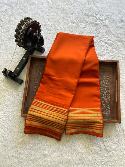 Orange Mysore Crepe Silk Saree with Silver Zari Border | Pure Handloom | Silk Mark Certified