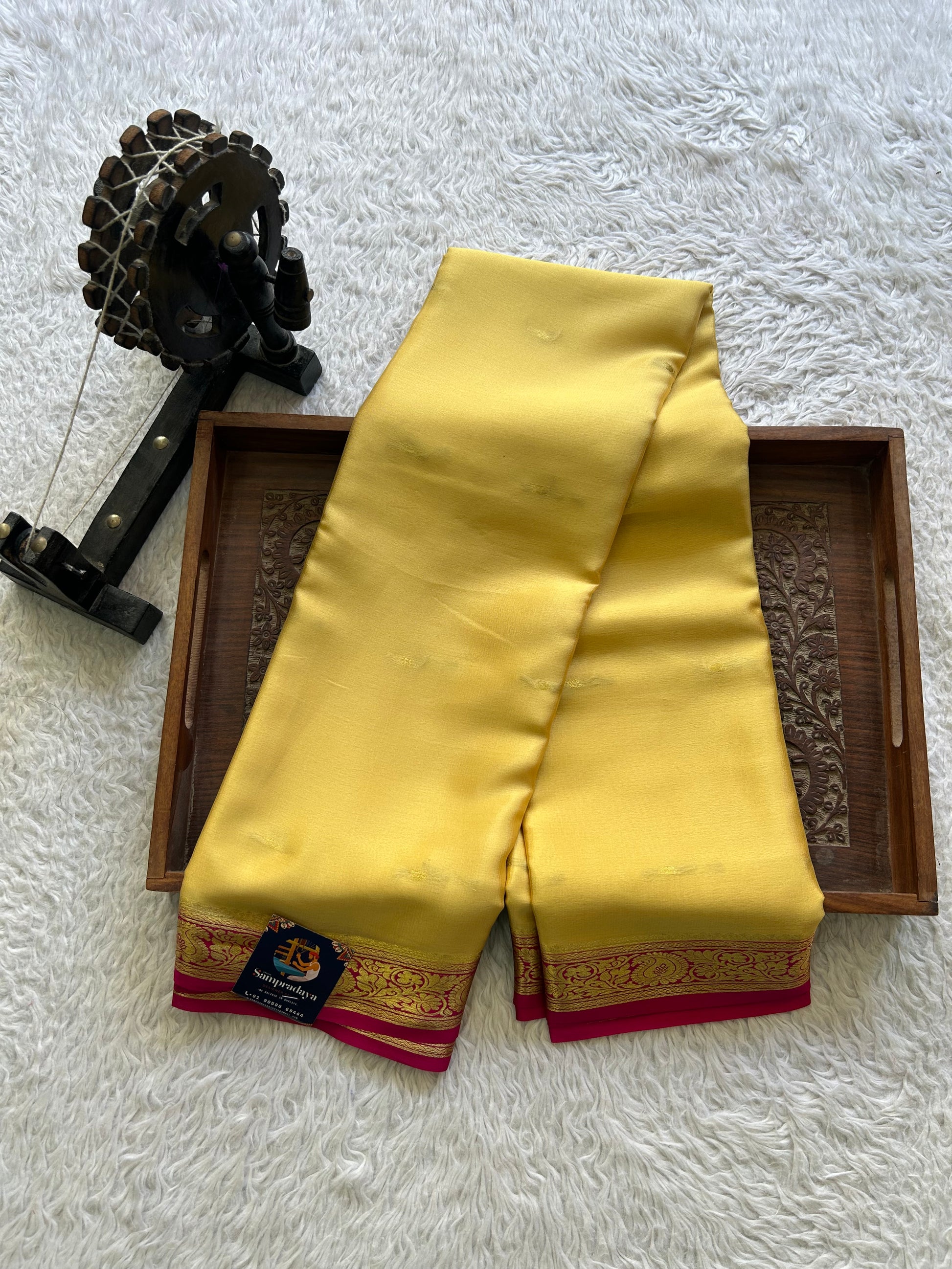 Lemon Yellow Mysore Crepe Silk Saree with Silver Zari Border | Pure Handloom | Silk Mark Certified - Sampradaya Designer Studio