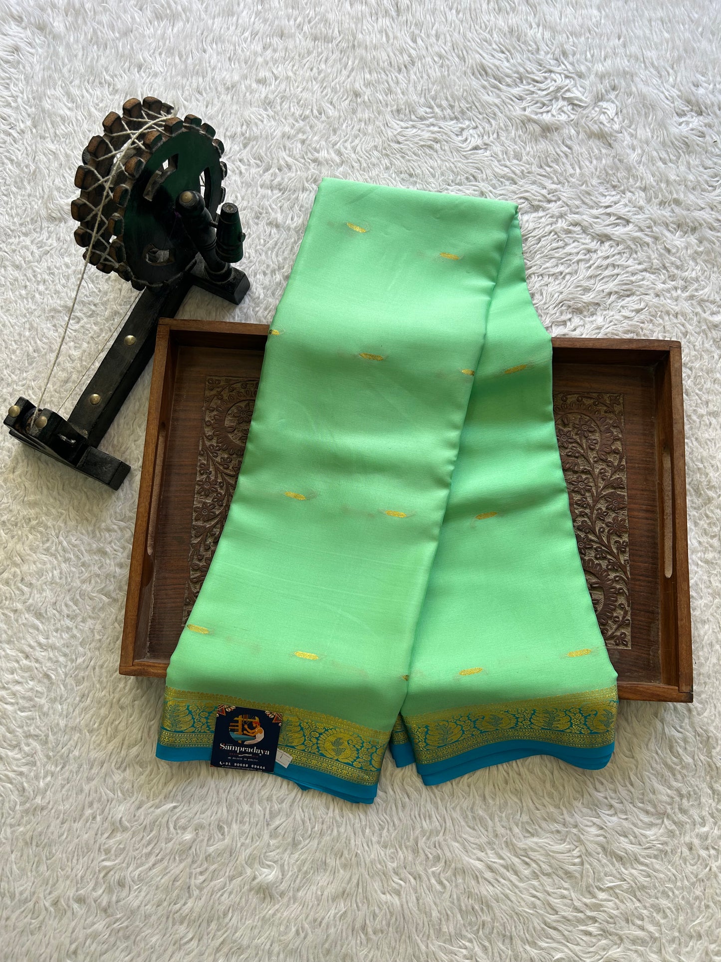 Sea Green Mysore Crepe Silk Saree with Silver Zari Border | Pure Handloom | Silk Mark Certified