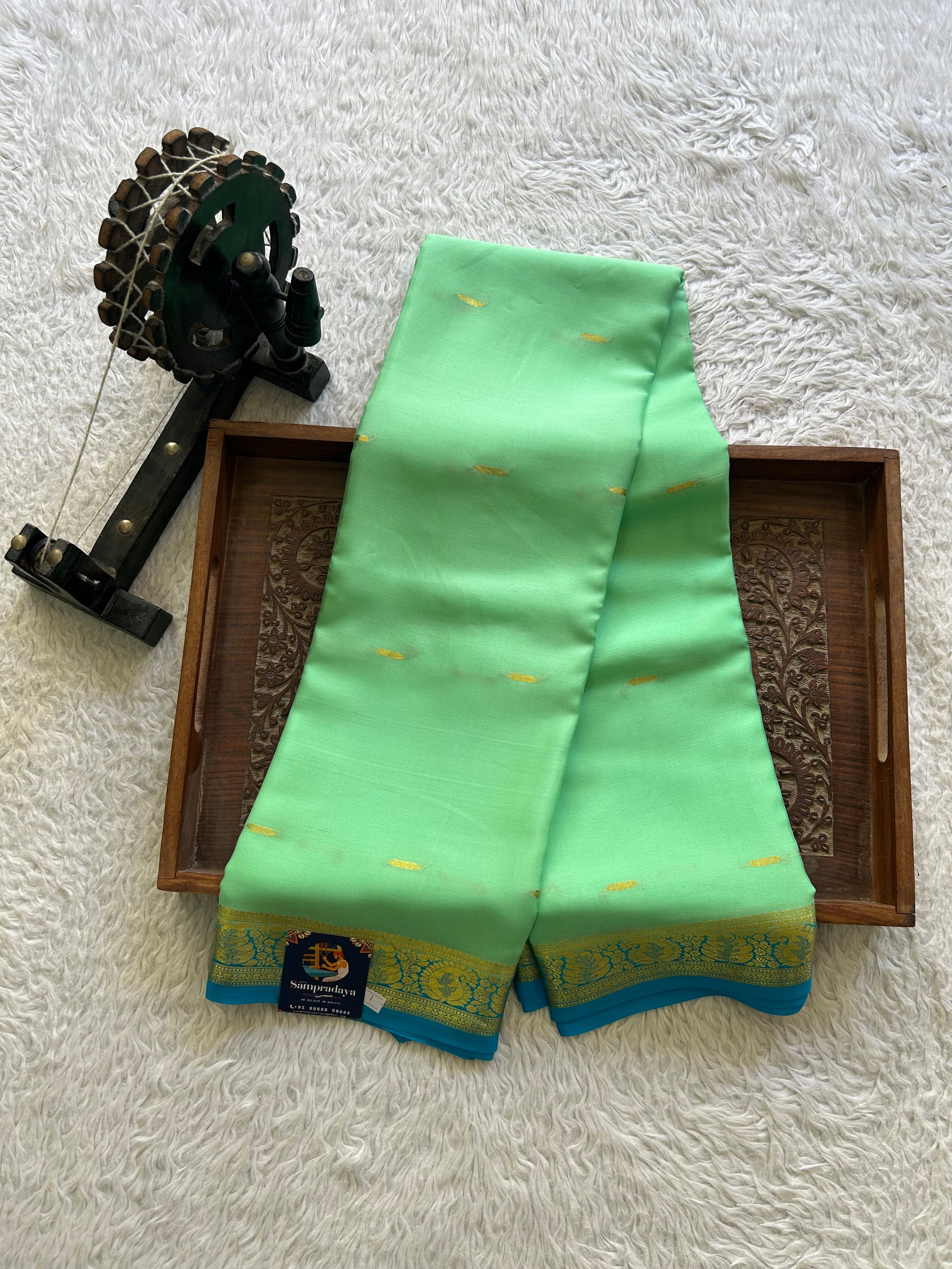 Sea Green Mysore Crepe Silk Saree with Silver Zari Border | Pure Handloom | Silk Mark Certified - Sampradaya Designer Studio