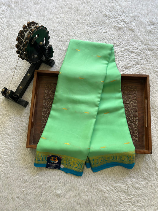 Sea Green Mysore Crepe Silk Saree with Silver Zari Border | Pure Handloom | Silk Mark Certified