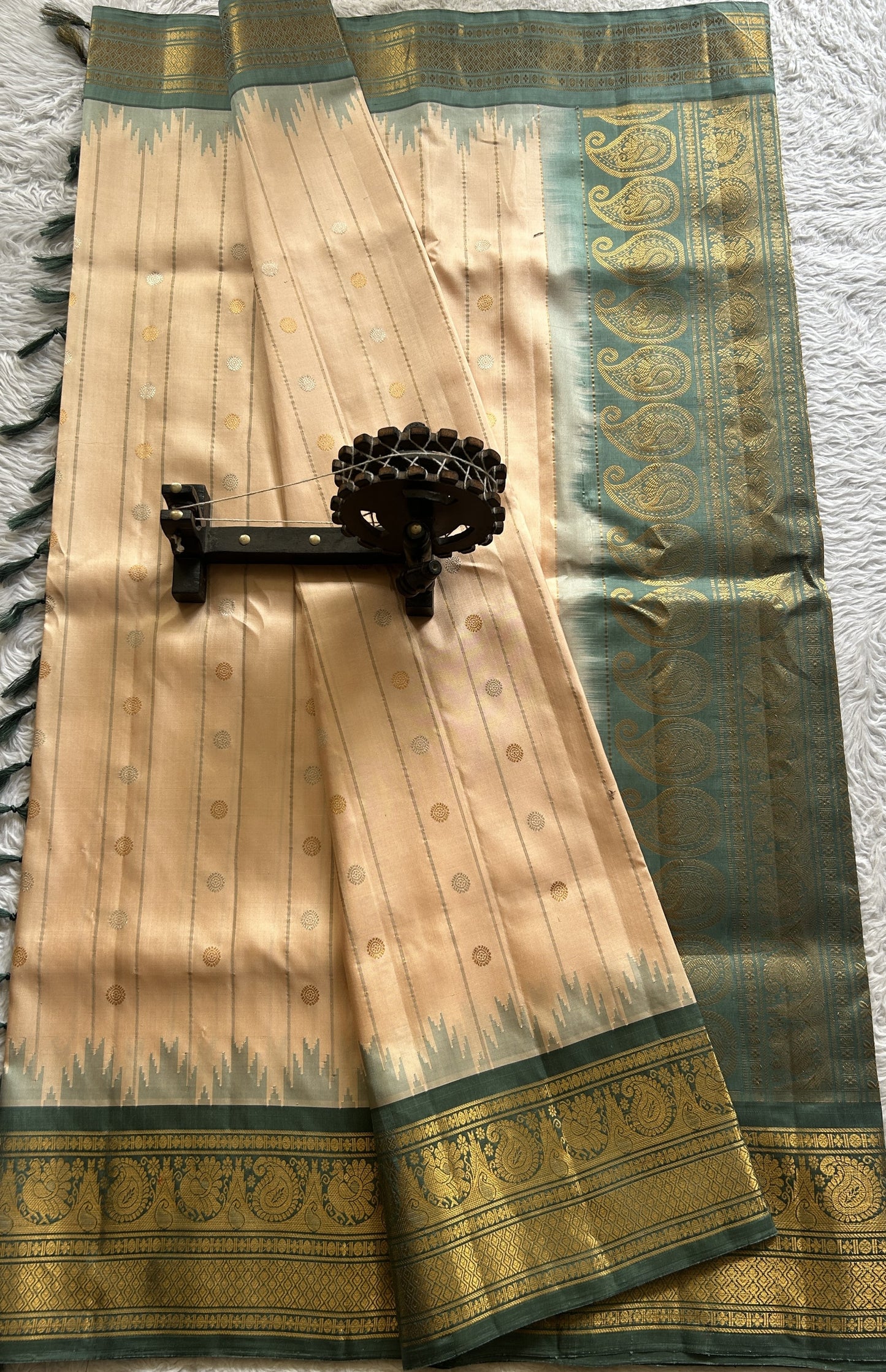 Gadwal Silk Saree Peach Colored Complemented With a Zari Border - Sampradaya Designer Studio
