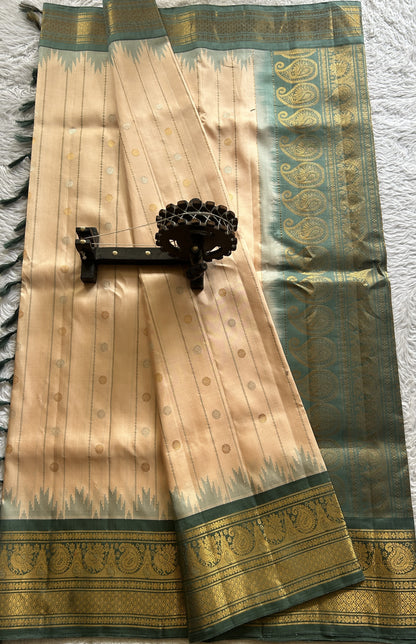 Gadwal Silk Saree Peach Colored Complemented With a Zari Border - Sampradaya Designer Studio
