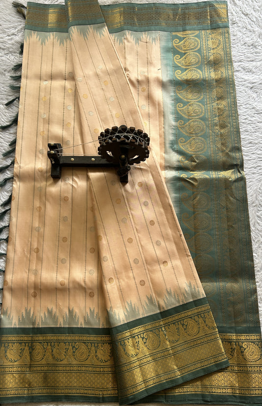 Gadwal Silk Saree Peach Colored Complemented With a Zari Border - Sampradaya Designer Studio