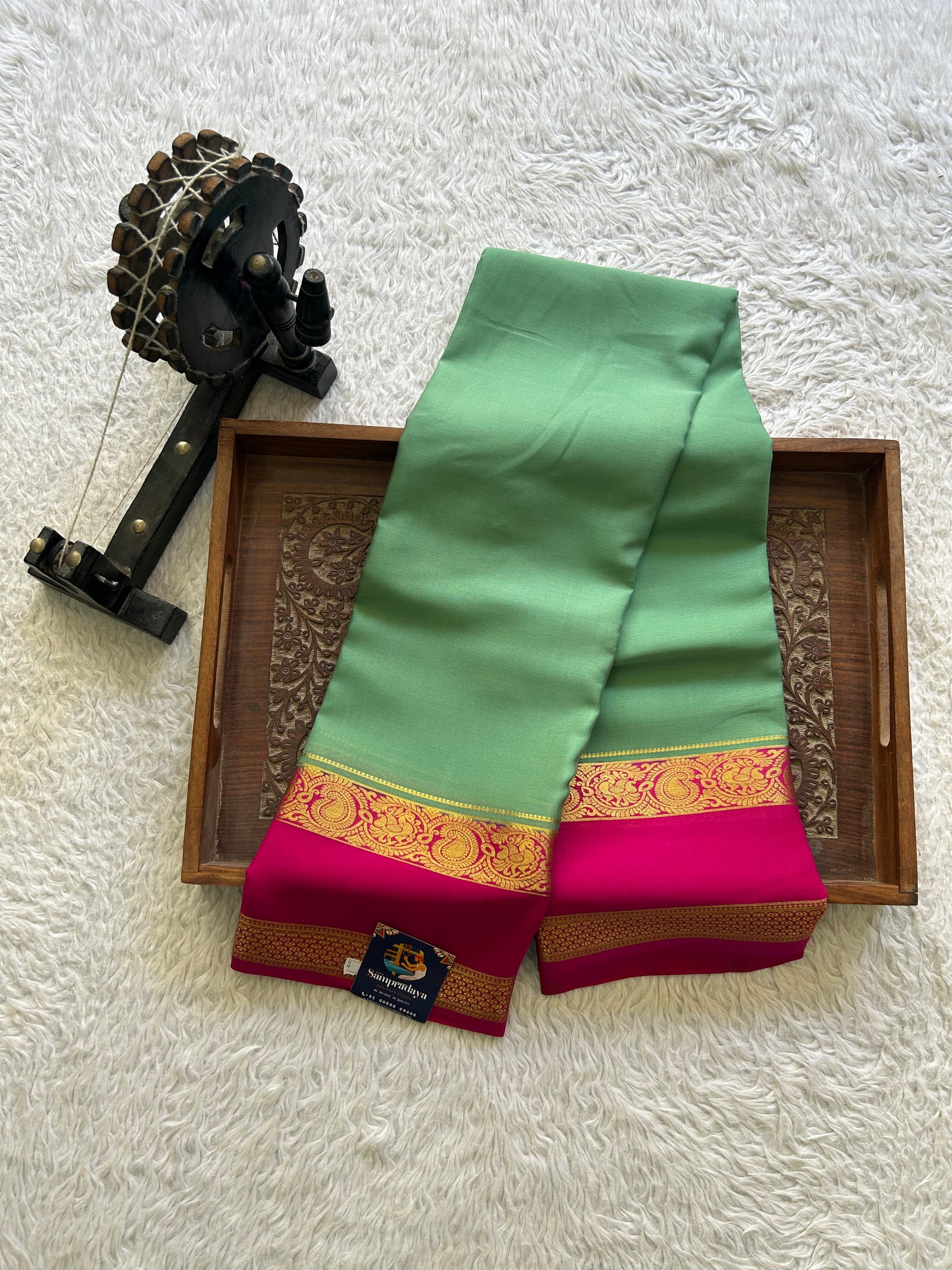 Mint Green Mysore Crepe Silk Saree with Silver Zari Border | Pure Handloom | Silk Mark Certified - Sampradaya Designer Studio