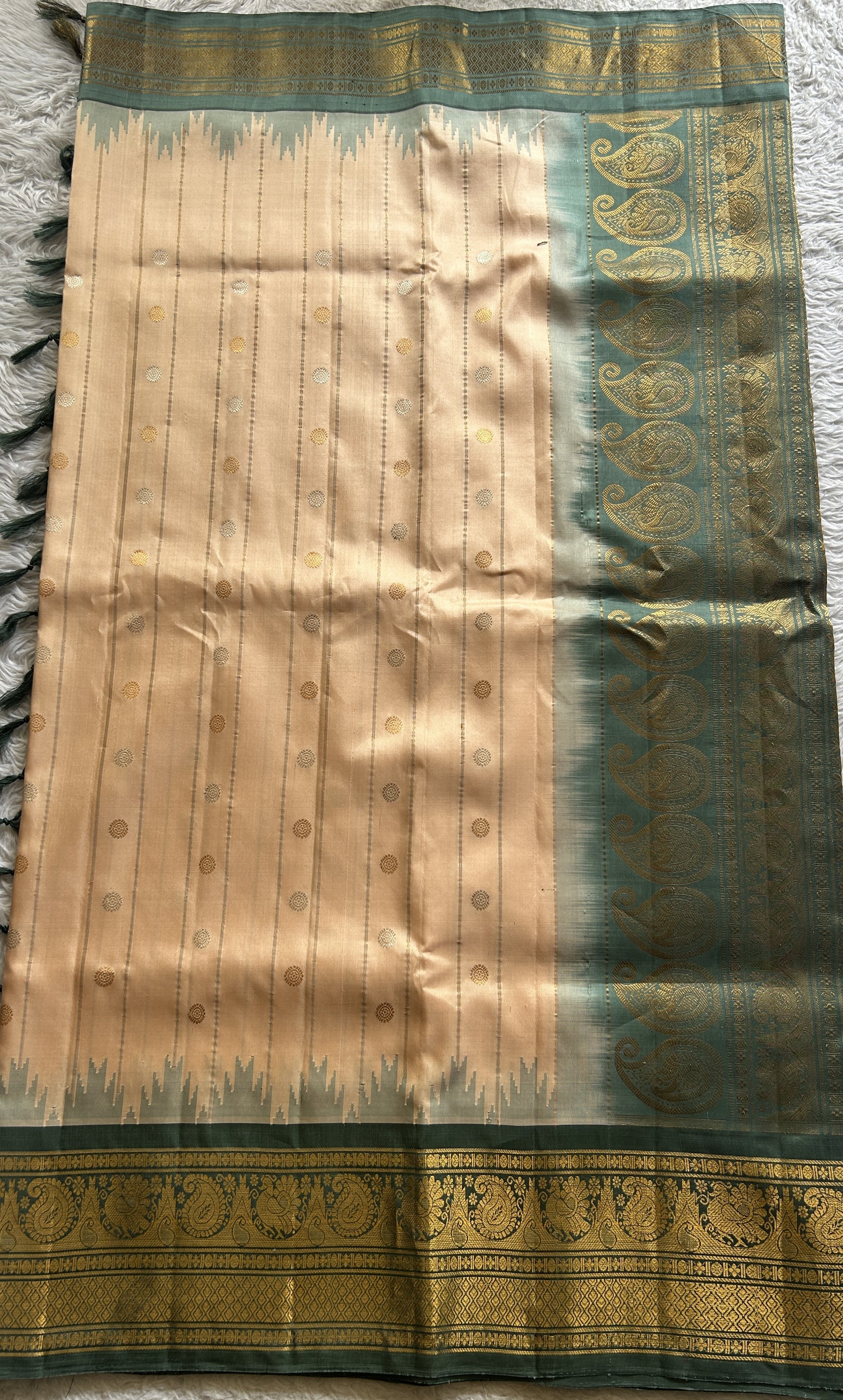 Gadwal Silk Saree Peach Colored Complemented With a Zari Border - Sampradaya Designer Studio