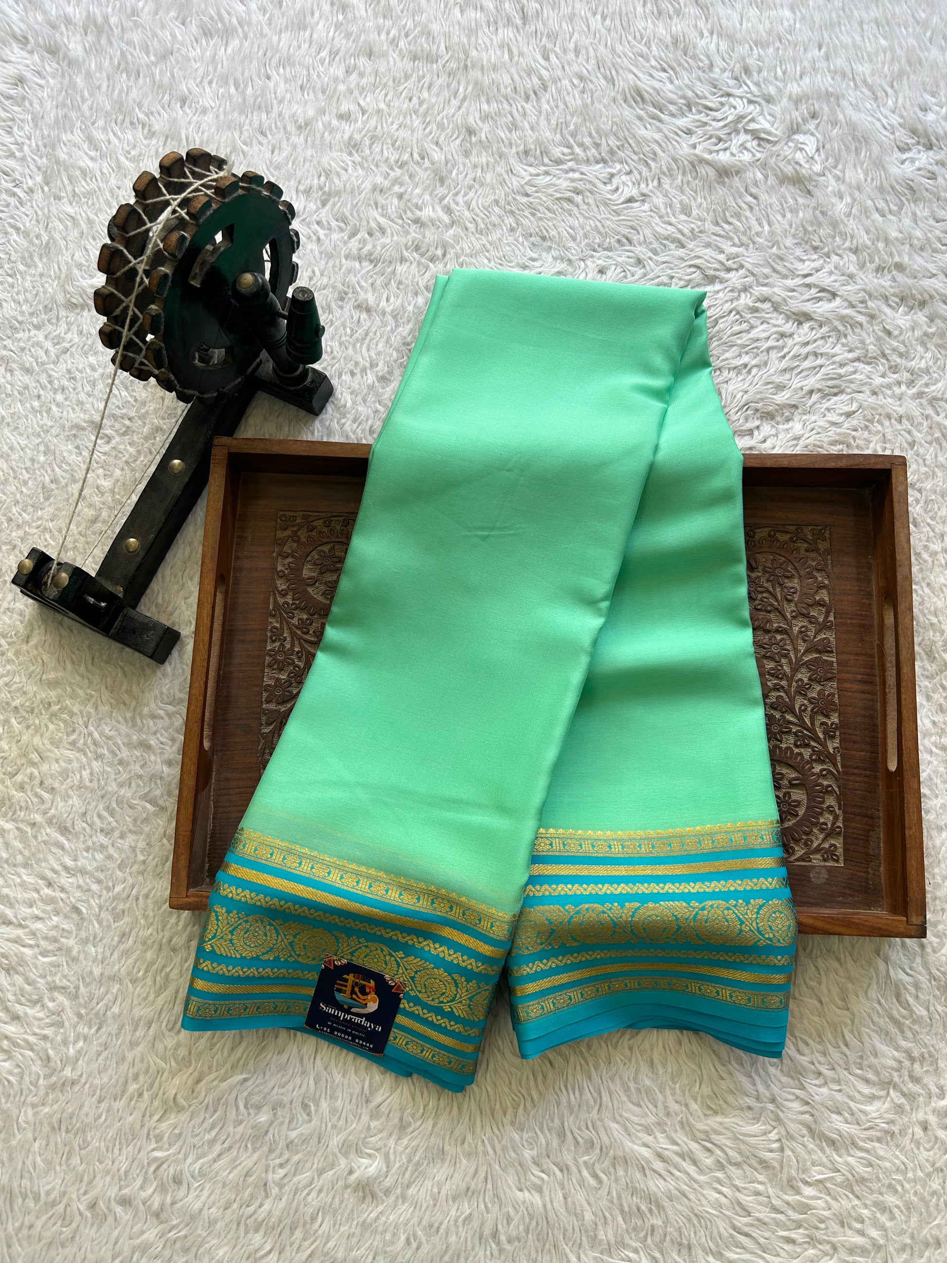Sea Green Mysore Crepe Silk Saree with Silver Zari Border | Pure Handloom | Silk Mark Certified - Sampradaya Designer Studio