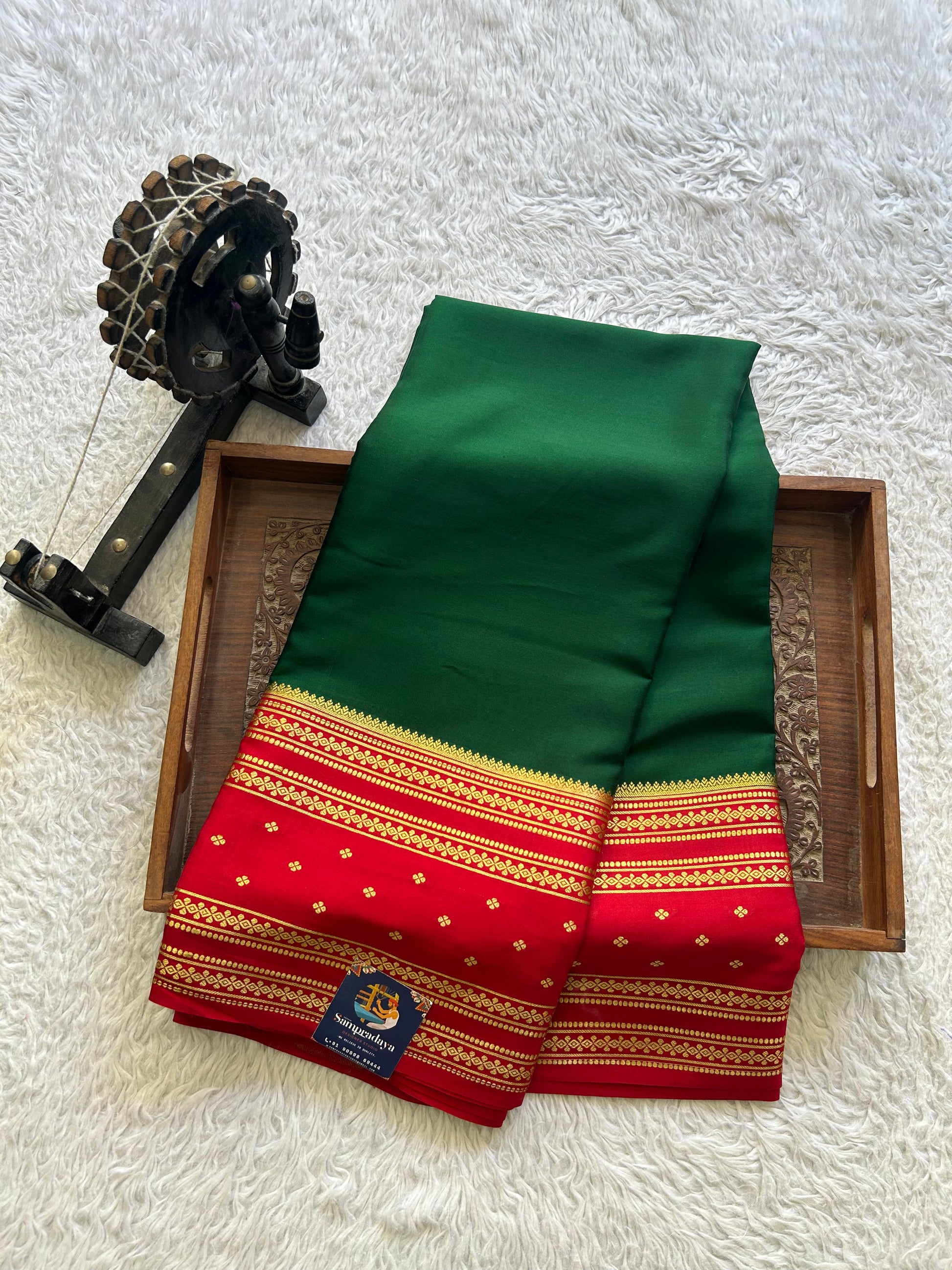 Bottle Green Mysore Crepe Silk Saree with Silver Zari Border | Pure Handloom | Silk Mark Certified - Sampradaya Designer Studio