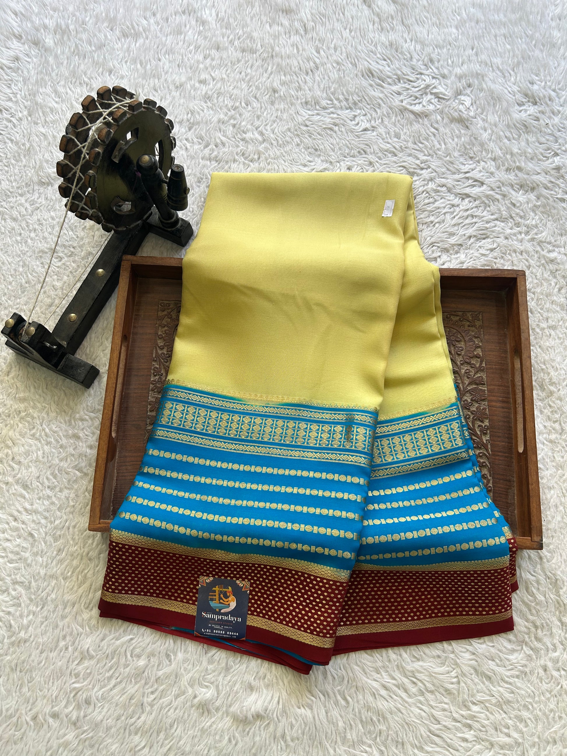 Lemon Yellow Mysore Crepe Silk Saree with Silver Zari Border | Pure Handloom | Silk Mark Certified - Sampradaya Designer Studio