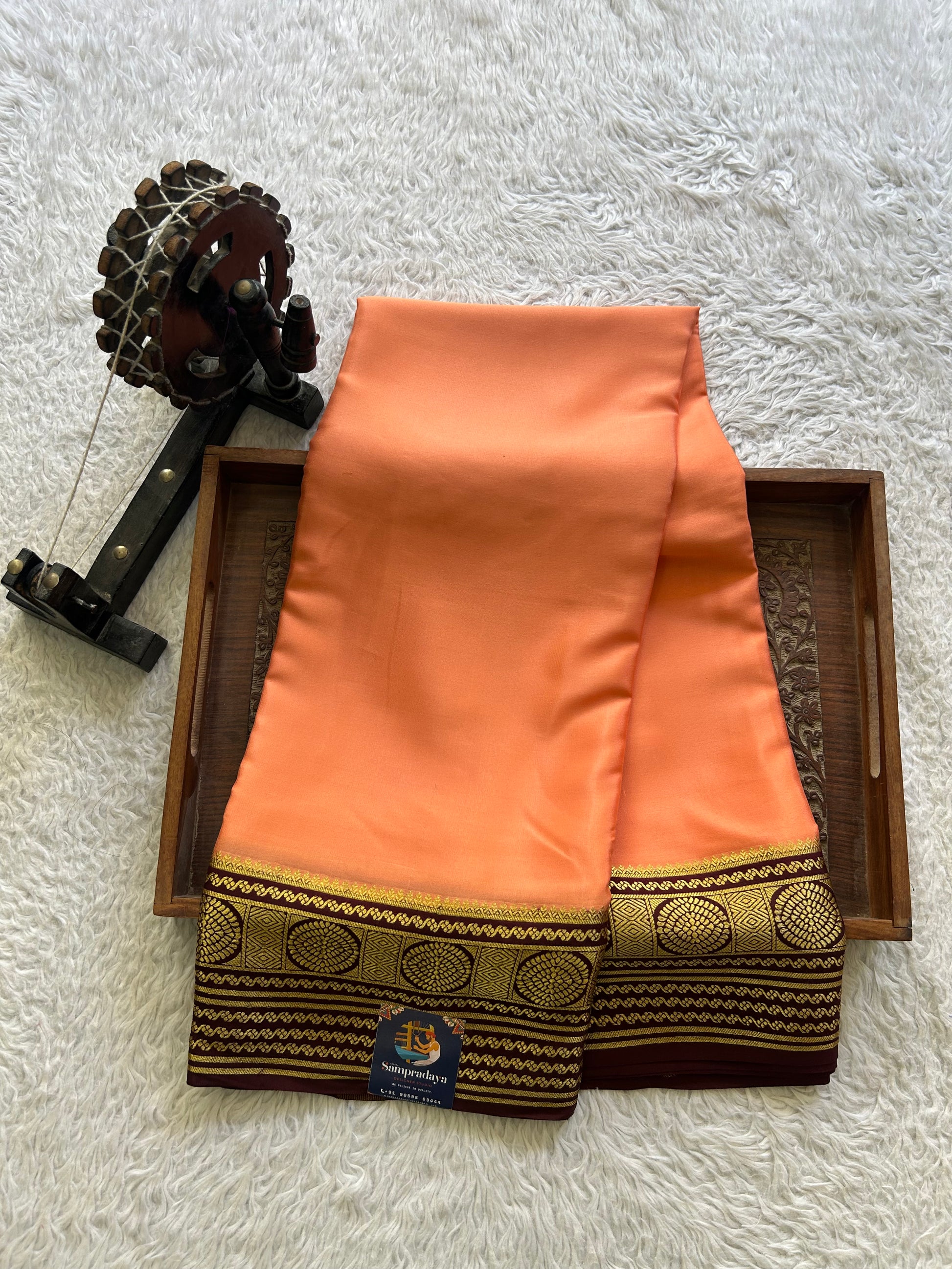 Peach Mysore Crepe Silk Saree with Silver Zari Border | Pure Handloom | Silk Mark Certified - Sampradaya Designer Studio