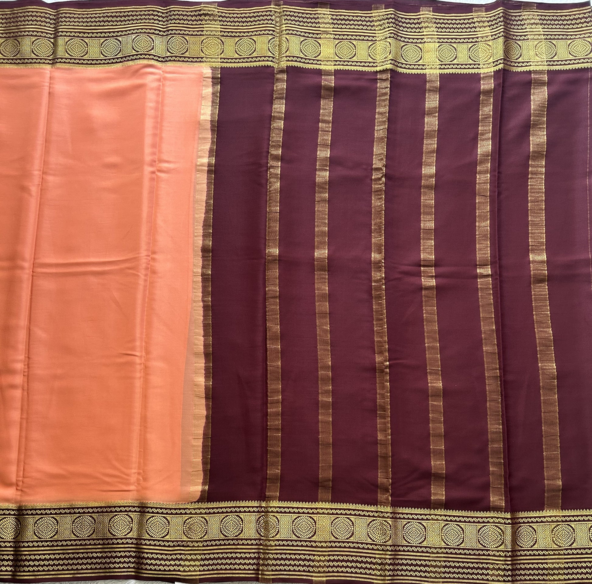 Peach Mysore Crepe Silk Saree with Silver Zari Border | Pure Handloom | Silk Mark Certified - Sampradaya Designer Studio