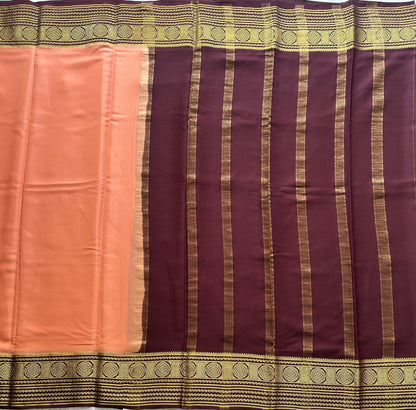 Peach Mysore Crepe Silk Saree with Silver Zari Border | Pure Handloom | Silk Mark Certified