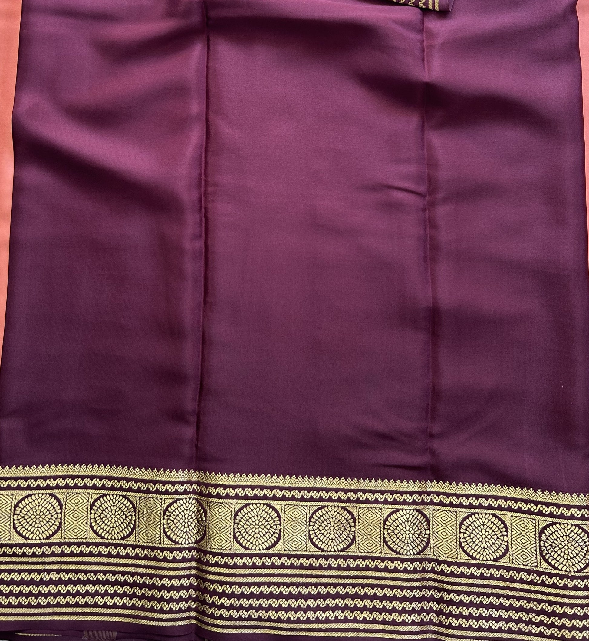 Peach Mysore Crepe Silk Saree with Silver Zari Border | Pure Handloom | Silk Mark Certified - Sampradaya Designer Studio
