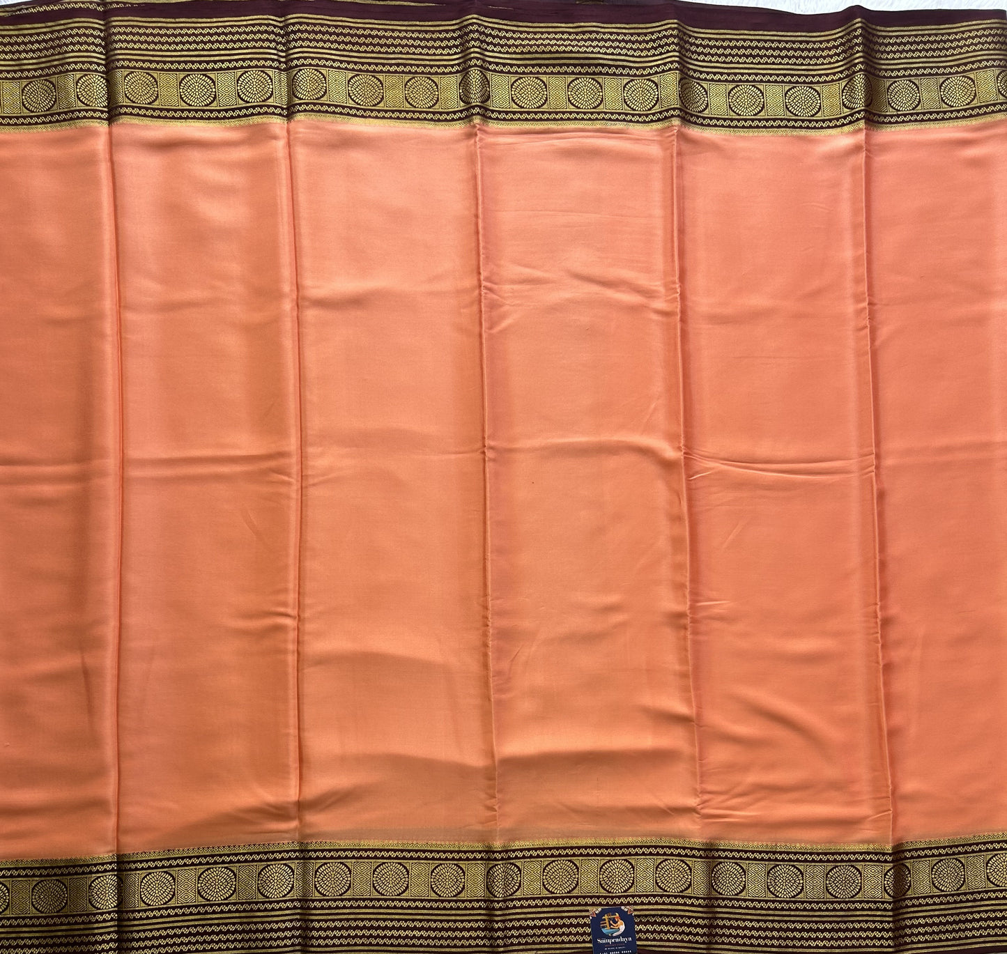 Peach Mysore Crepe Silk Saree with Silver Zari Border | Pure Handloom | Silk Mark Certified