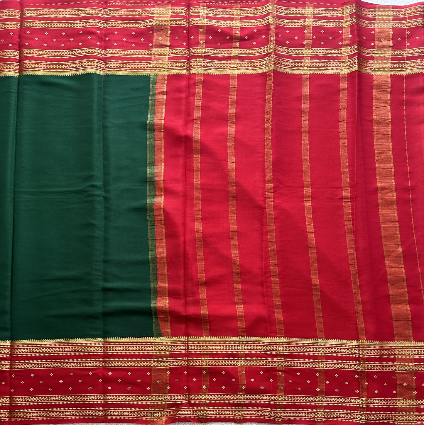 Bottle Green Mysore Crepe Silk Saree with Silver Zari Border | Pure Handloom | Silk Mark Certified