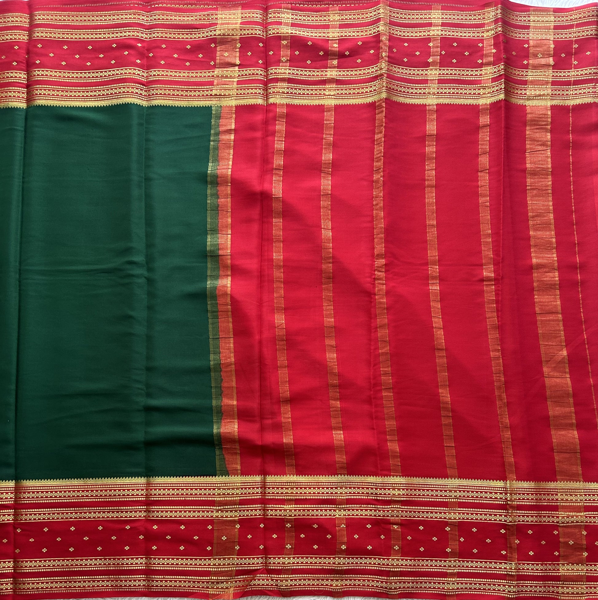 Bottle Green Mysore Crepe Silk Saree with Silver Zari Border | Pure Handloom | Silk Mark Certified - Sampradaya Designer Studio