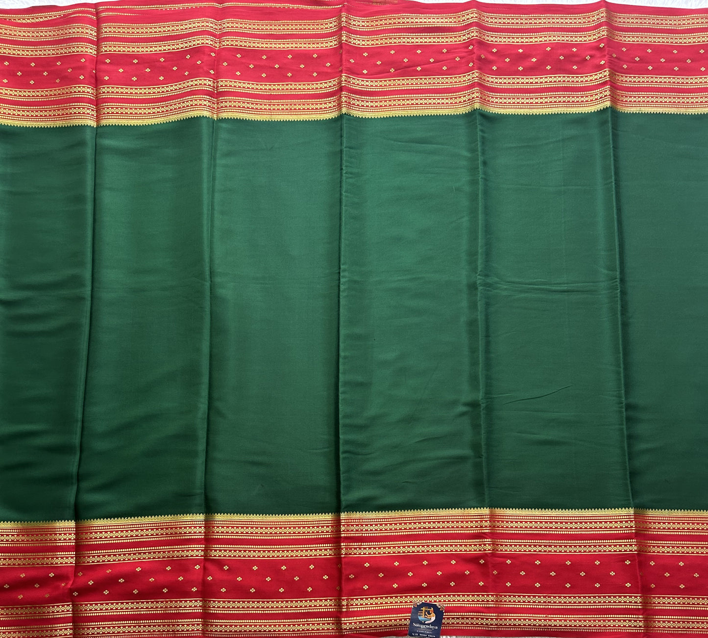 Bottle Green Mysore Crepe Silk Saree with Silver Zari Border | Pure Handloom | Silk Mark Certified