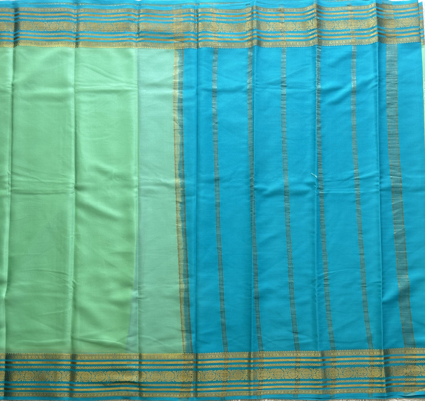 Sea Green Mysore Crepe Silk Saree with Silver Zari Border | Pure Handloom | Silk Mark Certified - Sampradaya Designer Studio