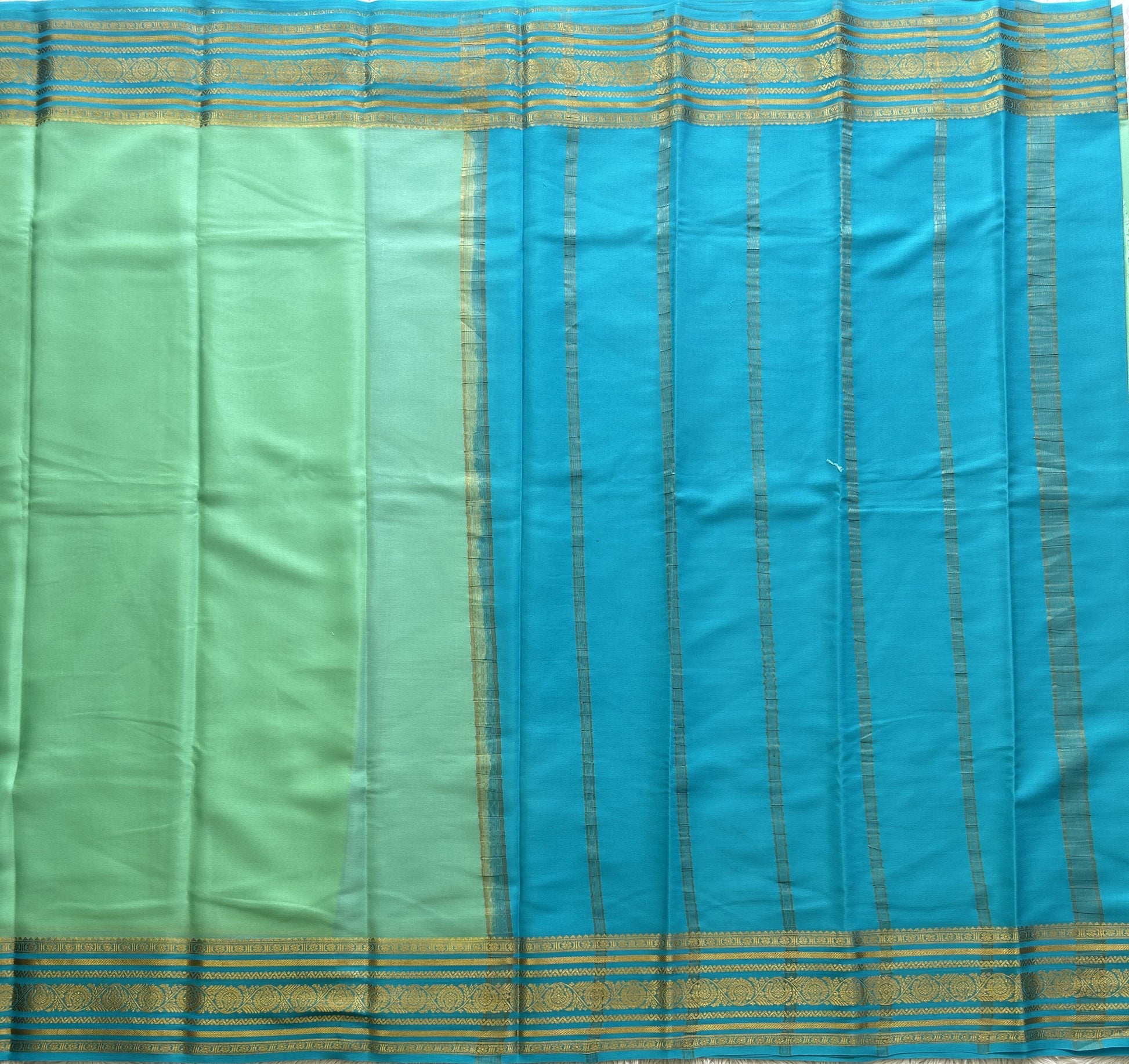 Sea Green Mysore Crepe Silk Saree with Silver Zari Border | Pure Handloom | Silk Mark Certified - Sampradaya Designer Studio