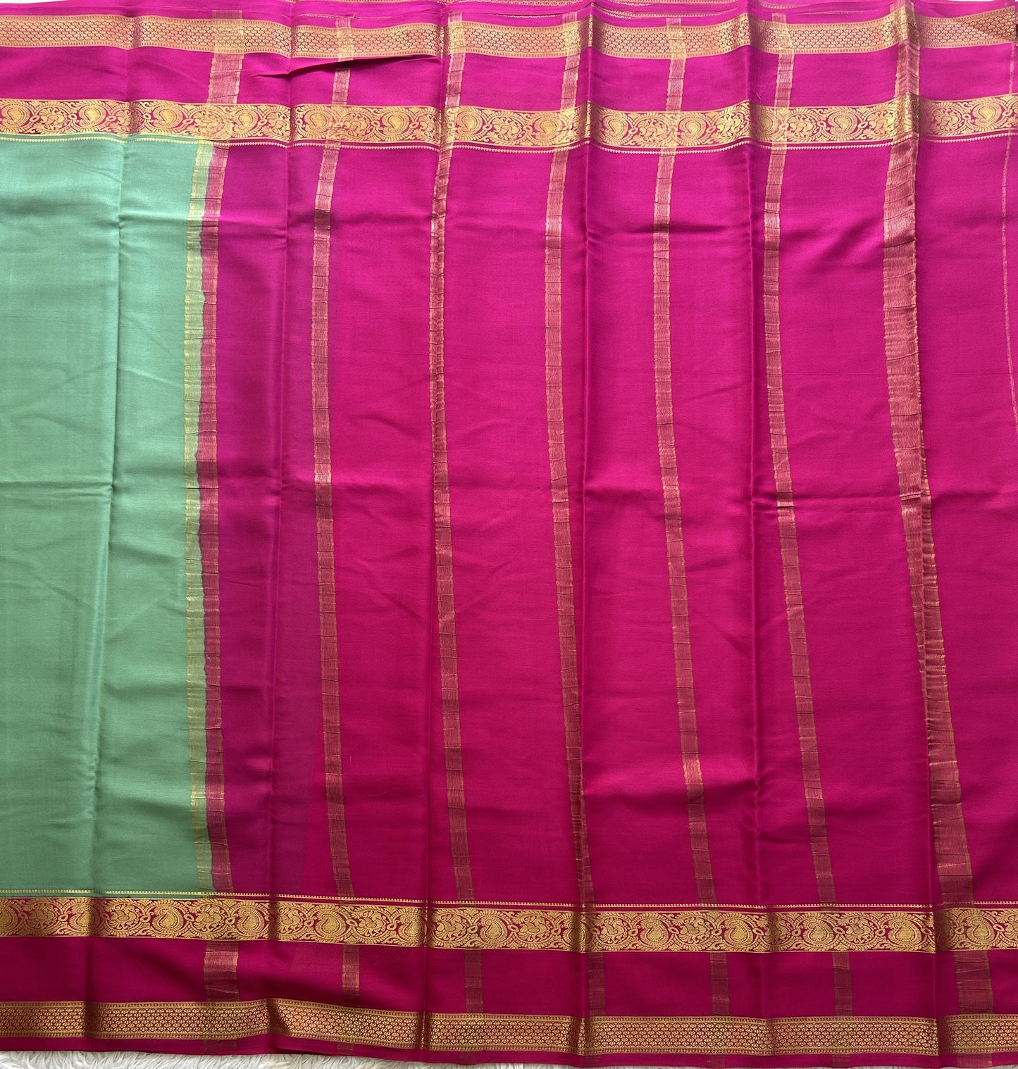 Mint Green Mysore Crepe Silk Saree with Silver Zari Border | Pure Handloom | Silk Mark Certified - Sampradaya Designer Studio