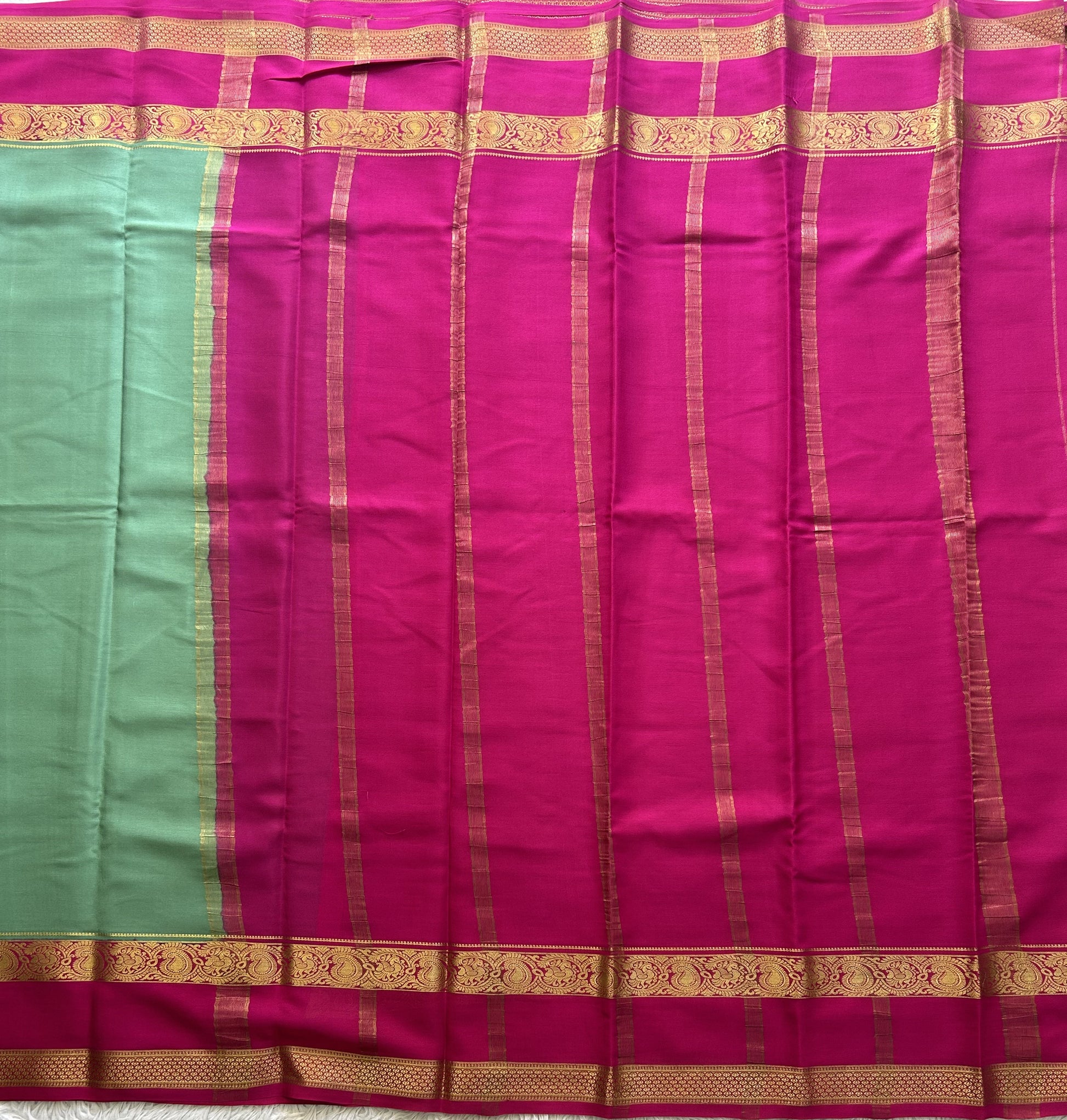 Mint Green Mysore Crepe Silk Saree with Silver Zari Border | Pure Handloom | Silk Mark Certified - Sampradaya Designer Studio