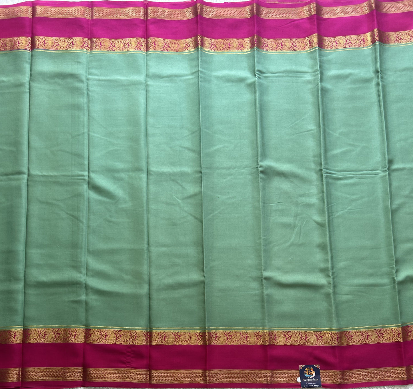 Mint Green Mysore Crepe Silk Saree with Silver Zari Border | Pure Handloom | Silk Mark Certified - Sampradaya Designer Studio