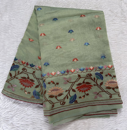 Semi Tussar Designer Saree Pastel Green colored Saree complemented with a Machine Embroidery border. - Sampradaya Designer Studio