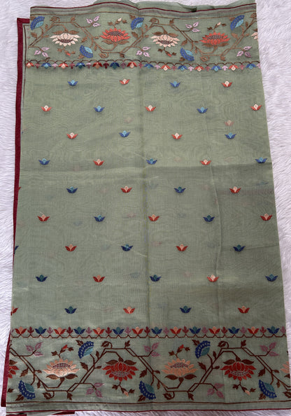 Semi Tussar Designer Saree Pastel Green colored Saree complemented with a Machine Embroidery border. - Sampradaya Designer Studio
